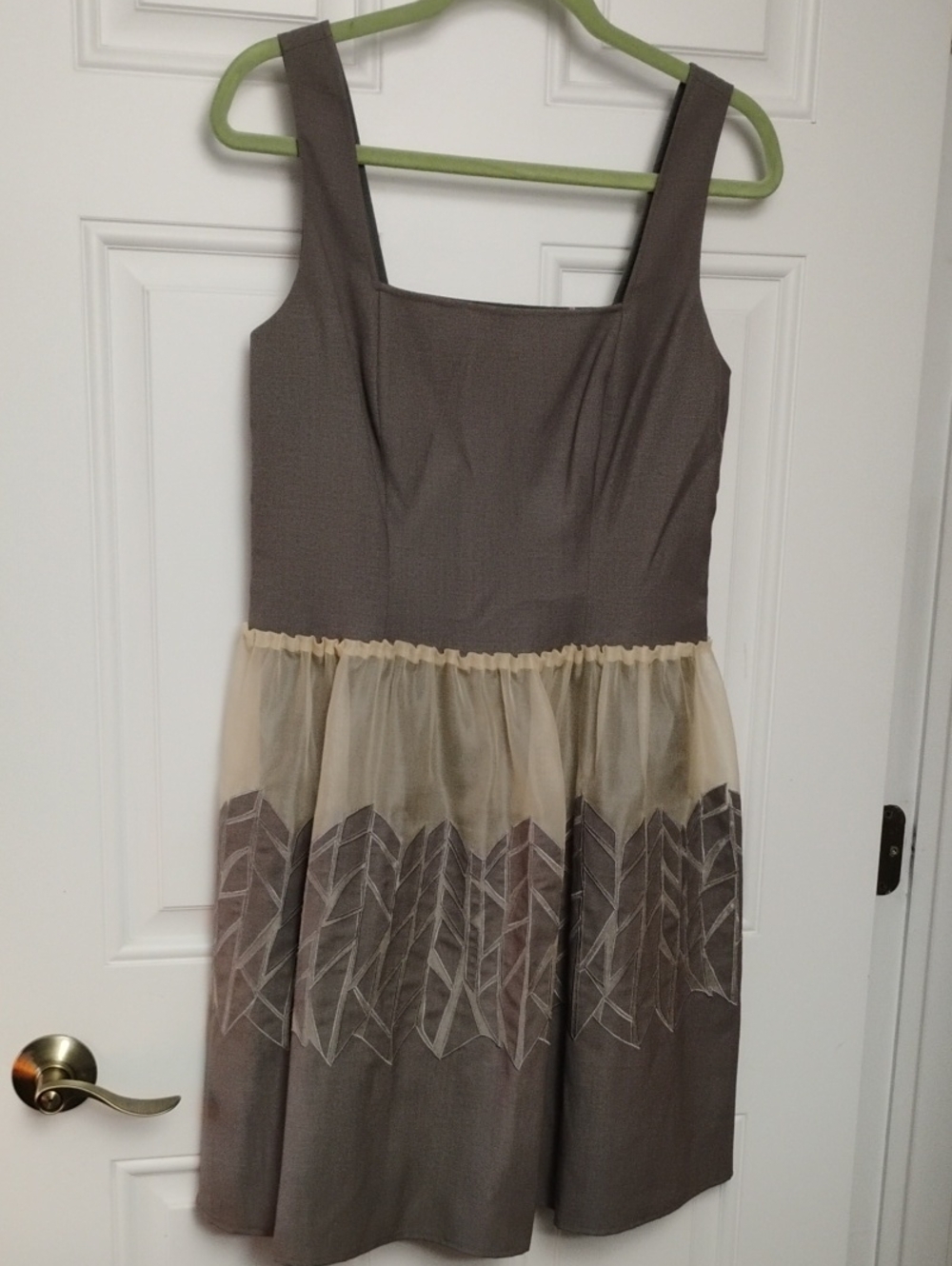 Badgley Mischka Sleeveless Taupe Dress with Cream Sheer Waist Overlay